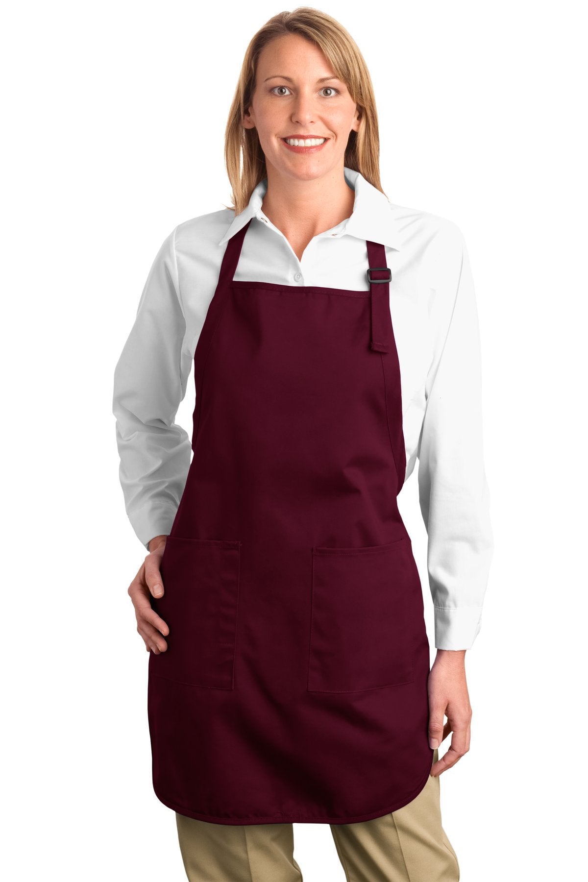 Front View of Maroon Port Authority Full-Length Apron with Pockets. A500