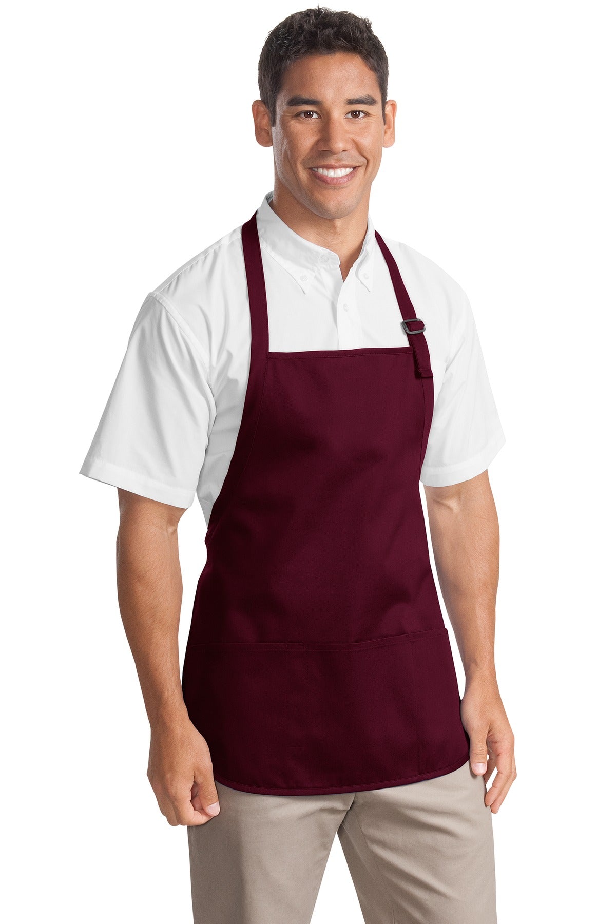 Front View of Maroon Port Authority Medium-Length Apron with Pouch Pockets. A510