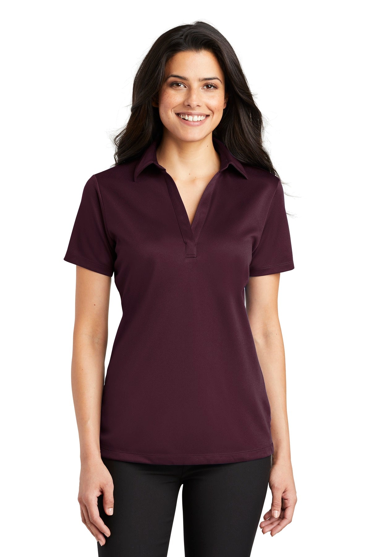 Front View of Maroon Port Authority Women's Silk Touch Performance Polo. L540