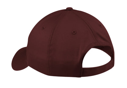 Front View of MAROON Port & Company Six-Panel Twill Cap. CP80