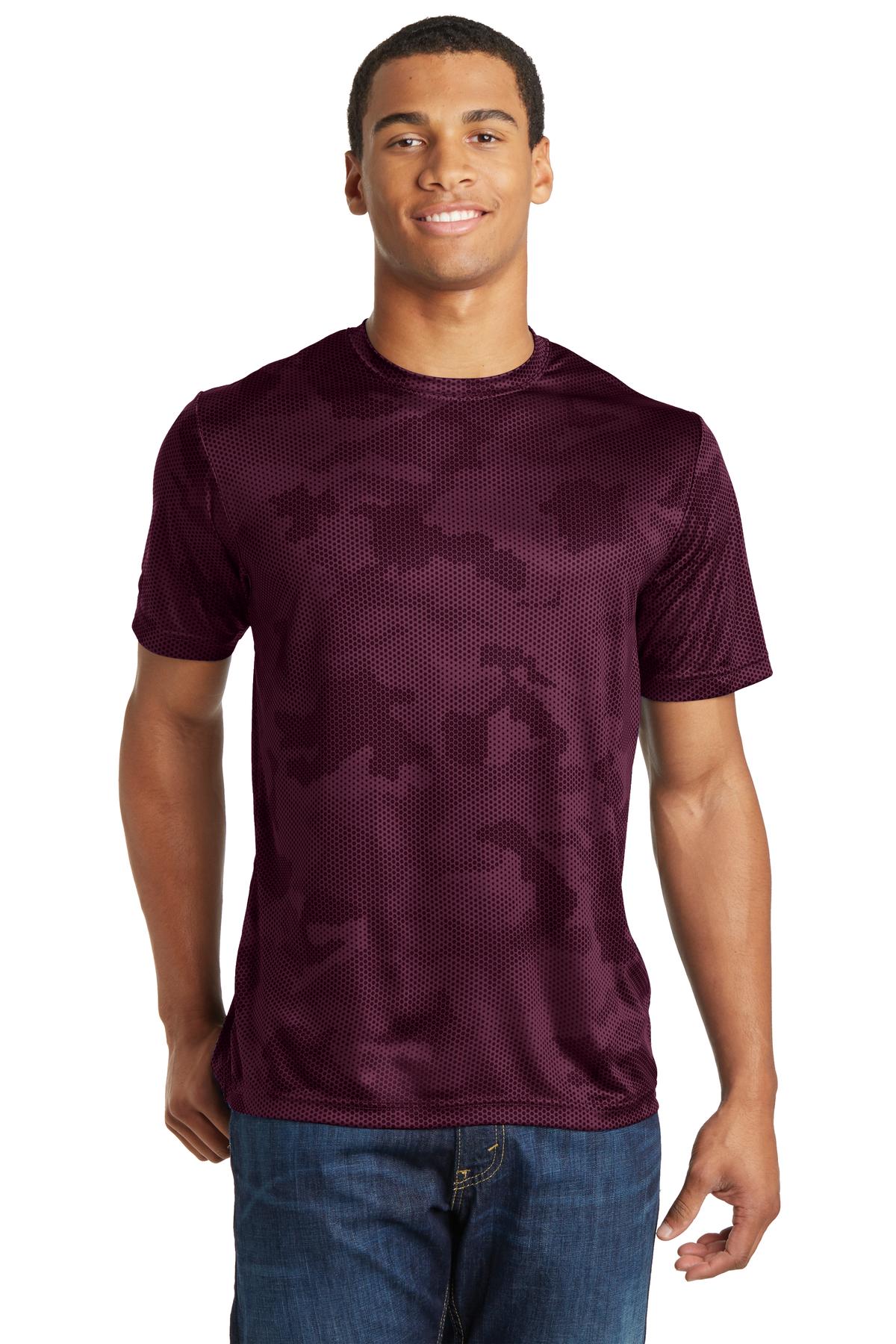 Front View of Maroon Sport-Tek CamoHex Tee. ST370