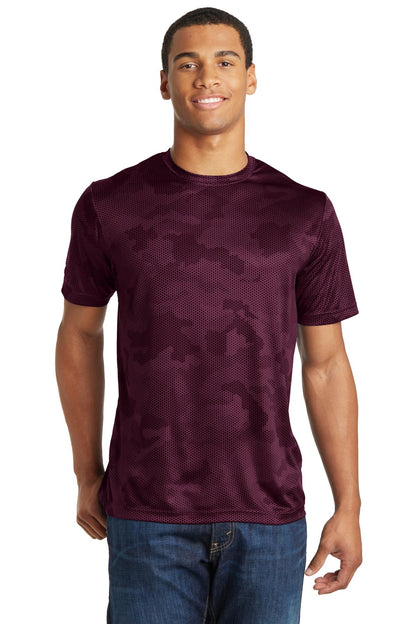 Front View of Maroon Sport-Tek CamoHex Tee. ST370