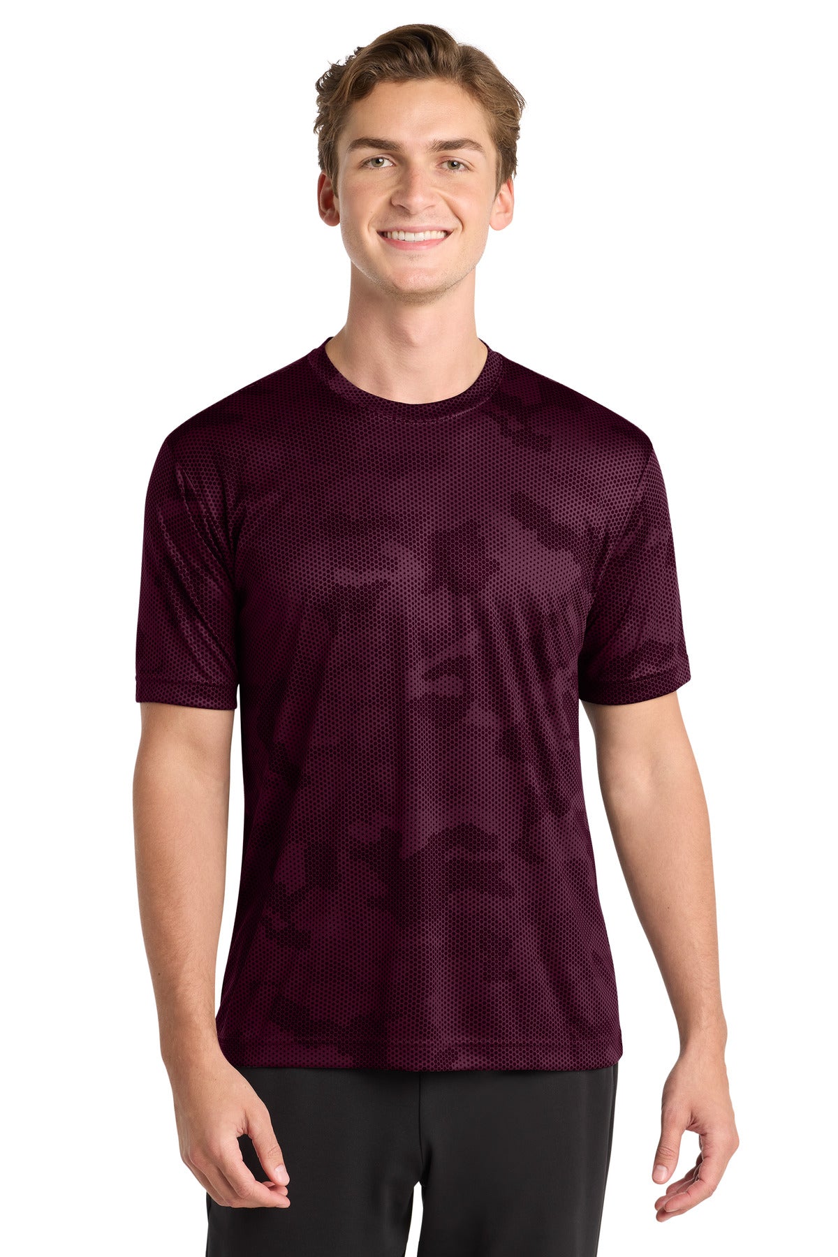 Front View of Maroon Sport-Tek CamoHex Tee. ST370