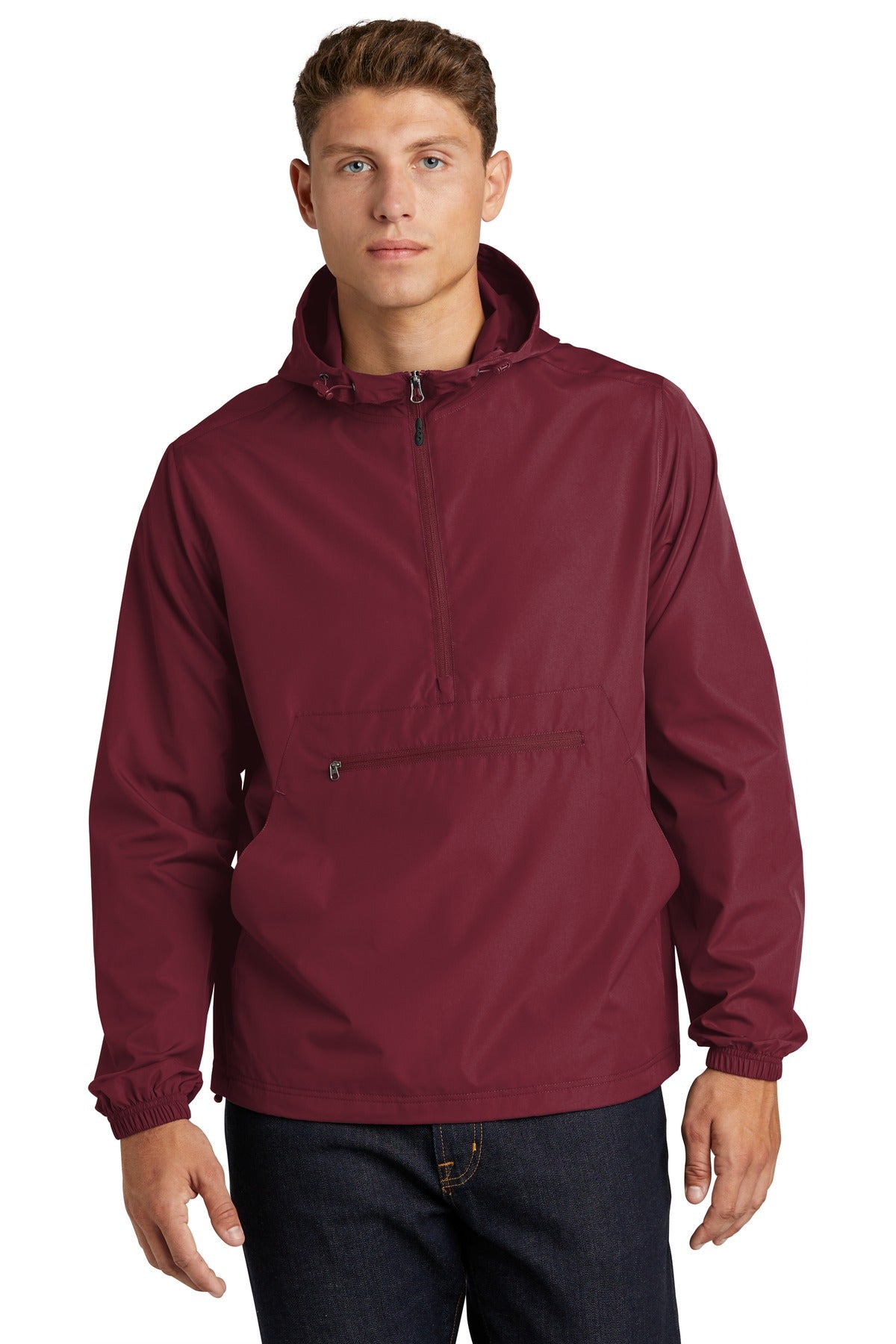 Front View of Maroon Sport-Tek Packable Anorak. JST66
