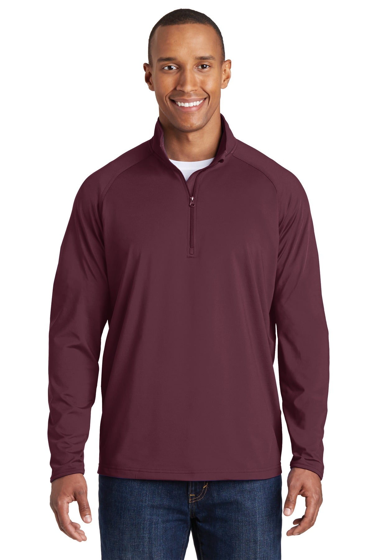 Front View of Maroon Sport-Tek Sport-Wick Stretch 1/4-Zip Pullover. ST850