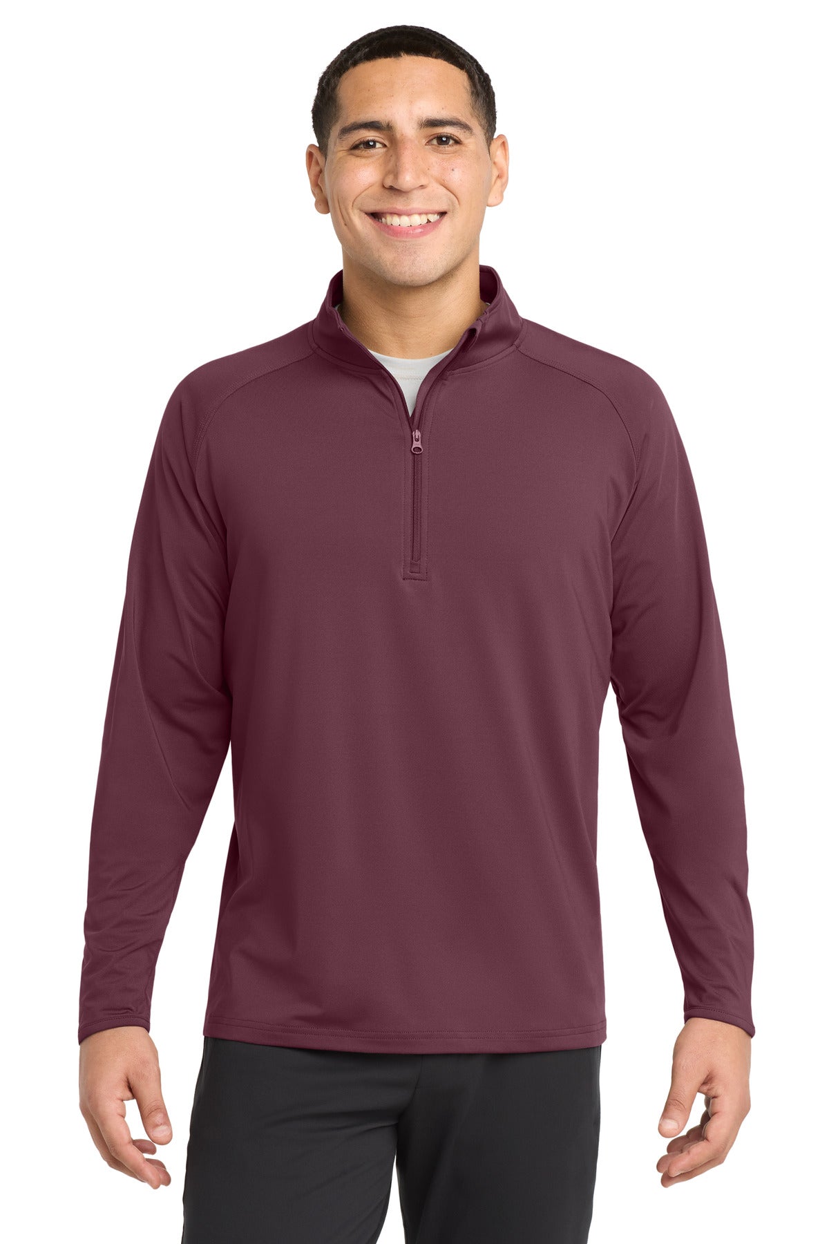 Front View of Maroon Sport-Tek Sport-Wick Stretch 1/4-Zip Pullover. ST850