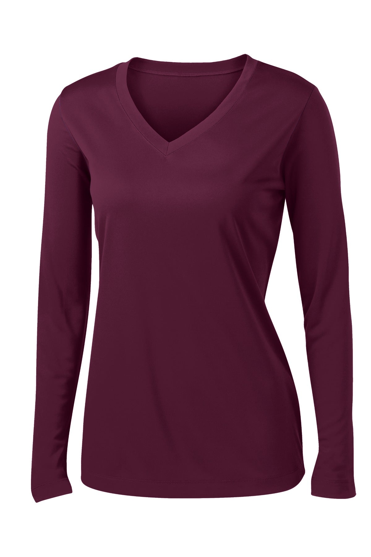 Front View of Maroon Sport-Tek Women's Long Sleeve PosiCharge Competitor V-Neck Tee. LST353LS
