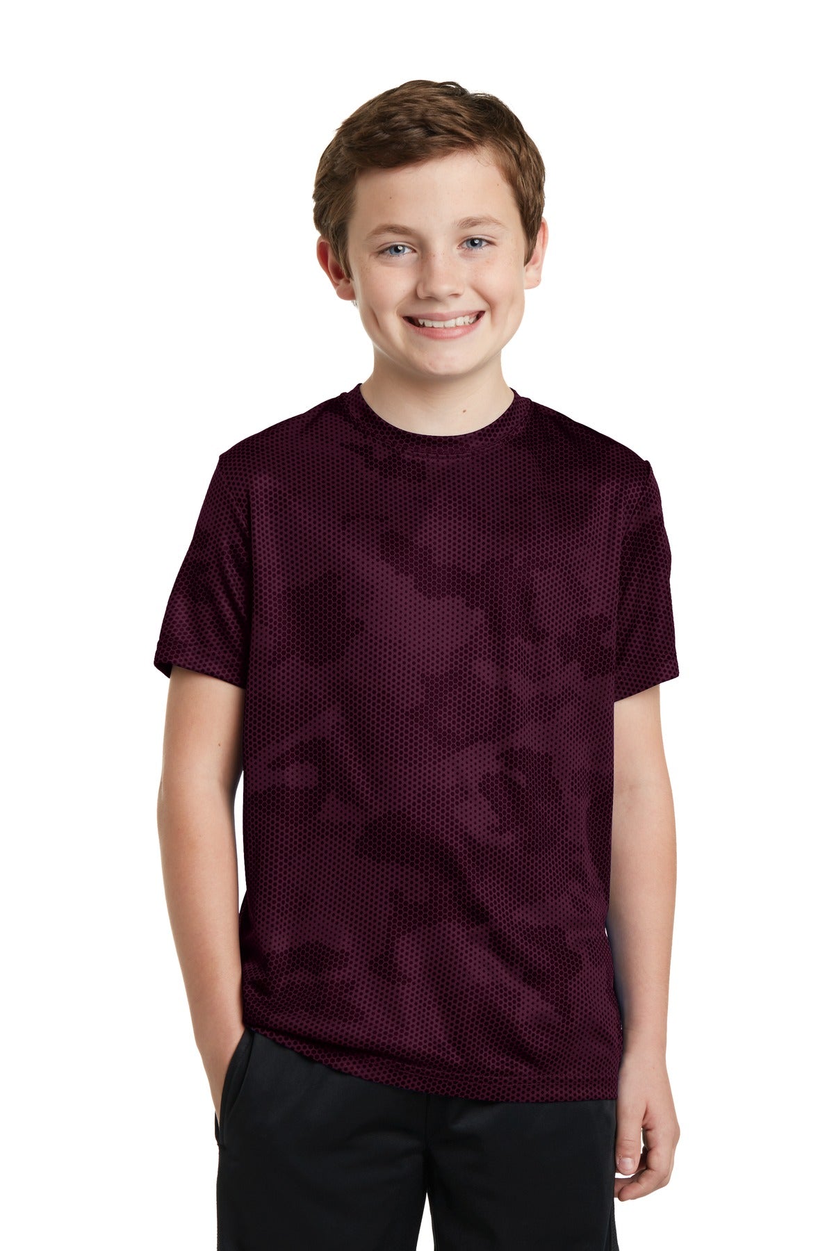 Front View of Maroon Sport-Tek Youth CamoHex Tee. YST370