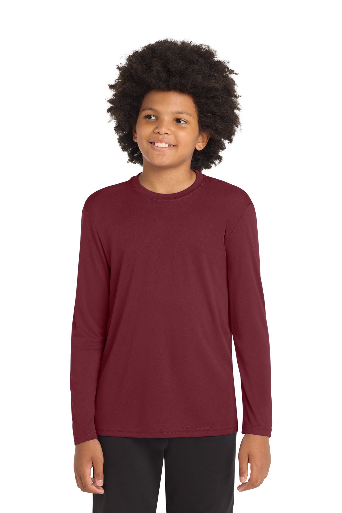 Front View of Maroon Sport-Tek Youth Long Sleeve PosiCharge Competitor Tee. YST350LS