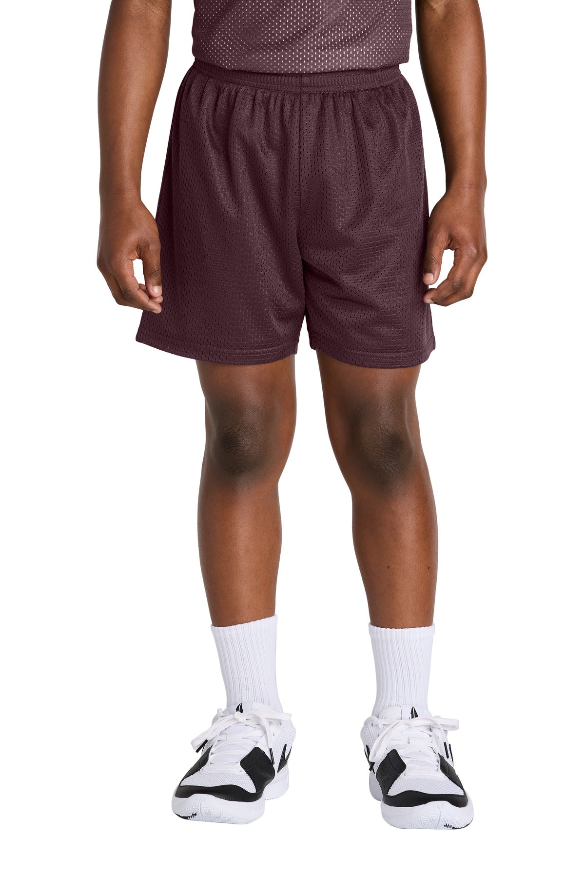 Front View of Maroon Sport-Tek Youth PosiCharge Mesh 5" Short YST5100