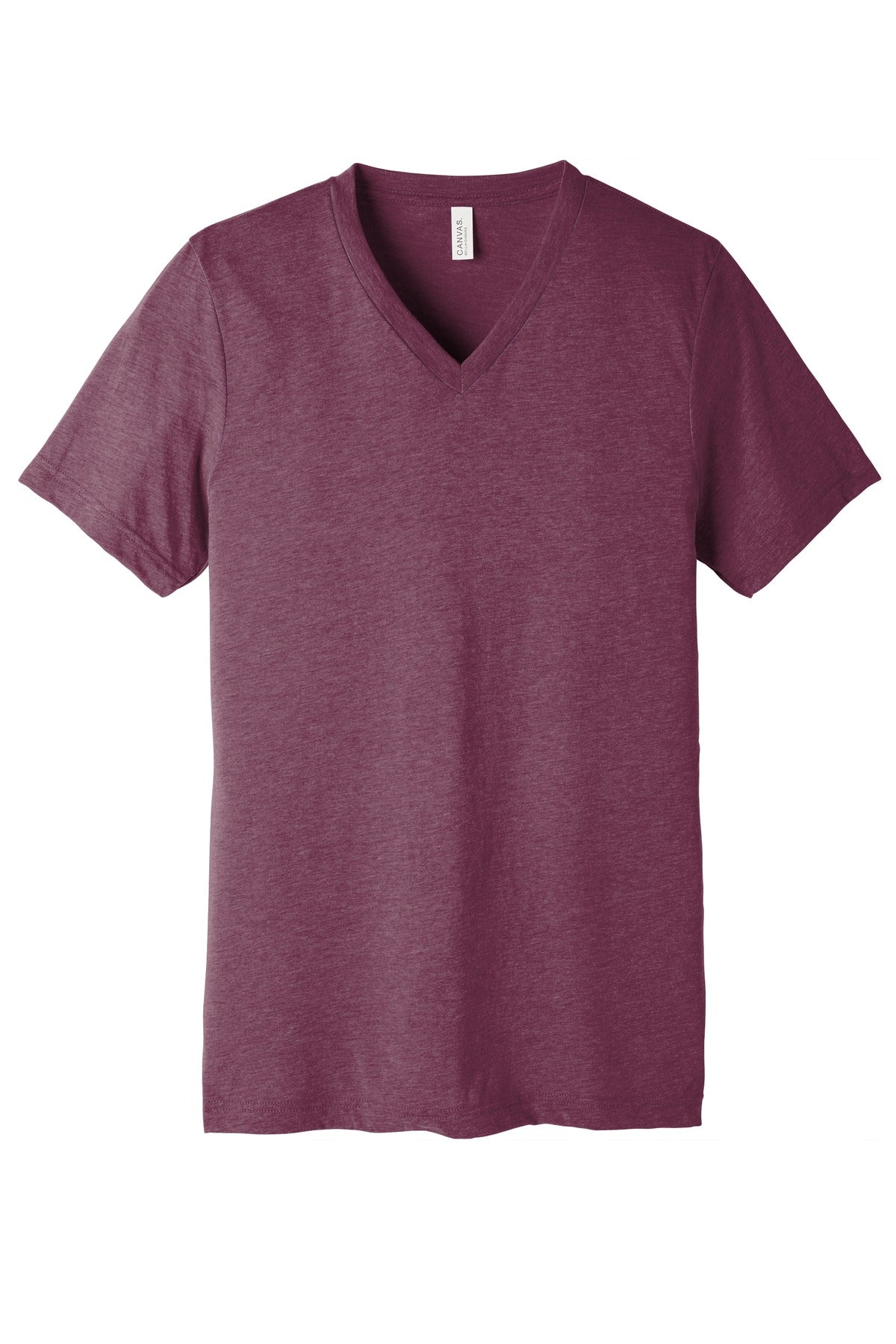 Front View of Maroon TB BELLA+CANVAS Unisex Triblend Short Sleeve V-Neck Te. BC3415