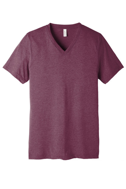 Front View of Maroon TB BELLA+CANVAS Unisex Triblend Short Sleeve V-Neck Te. BC3415