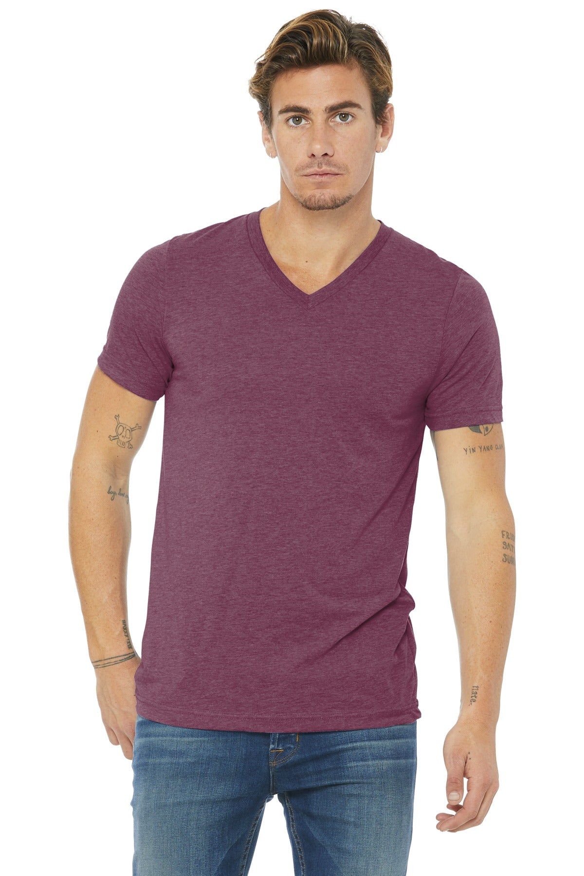 Front View of Maroon TB BELLA+CANVAS Unisex Triblend Short Sleeve V-Neck Te. BC3415