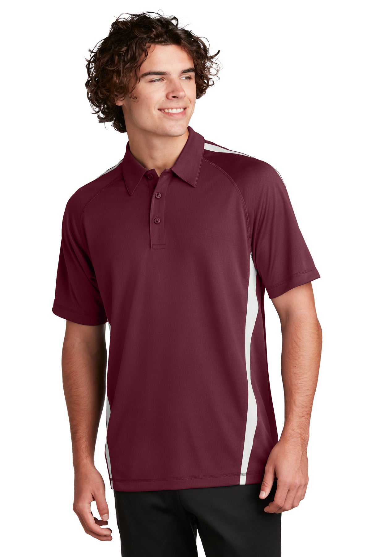 Front View of Maroon/White Sport-Tek PosiCharge Micro-Mesh Colorblock Polo. ST685
