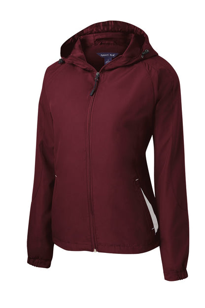 Front View of Maroon/White Sport-Tek Women's Colorblock Hooded Raglan Jacket. LST76