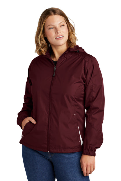 Front View of Maroon/White Sport-Tek Women's Colorblock Hooded Raglan Jacket. LST76