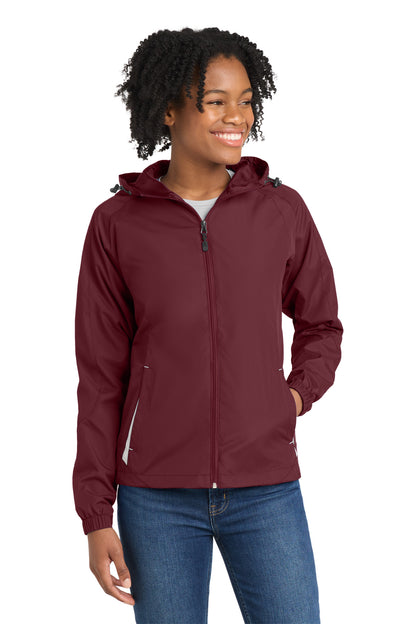 Front View of Maroon/White Sport-Tek Women's Colorblock Hooded Raglan Jacket. LST76