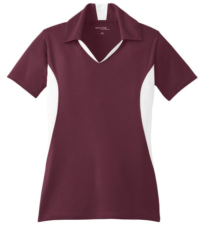 Front View of Maroon/White Sport-Tek Women's Side Blocked Micropique Sport-Wick Polo. LST655
