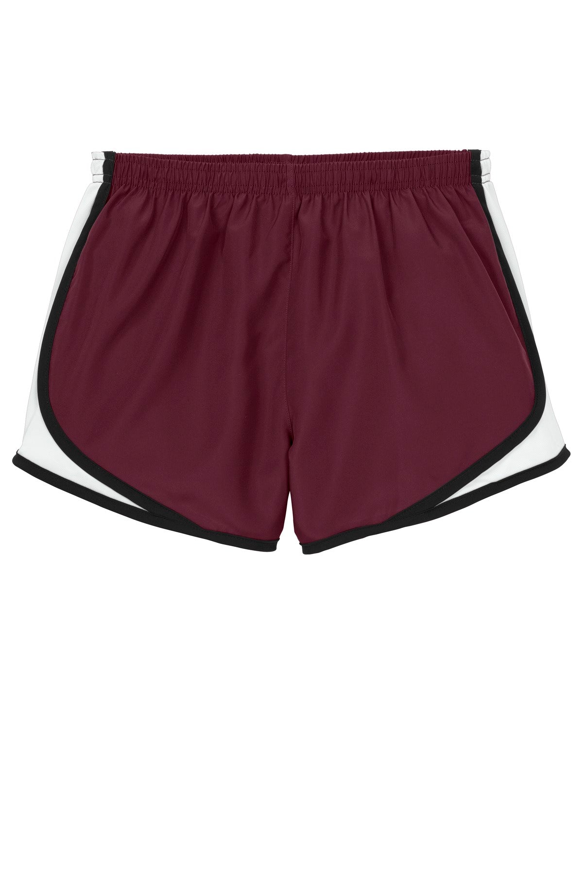 Front View of Maroon/Wht/Blk Sport-Tek Women's Cadence Short. LST304