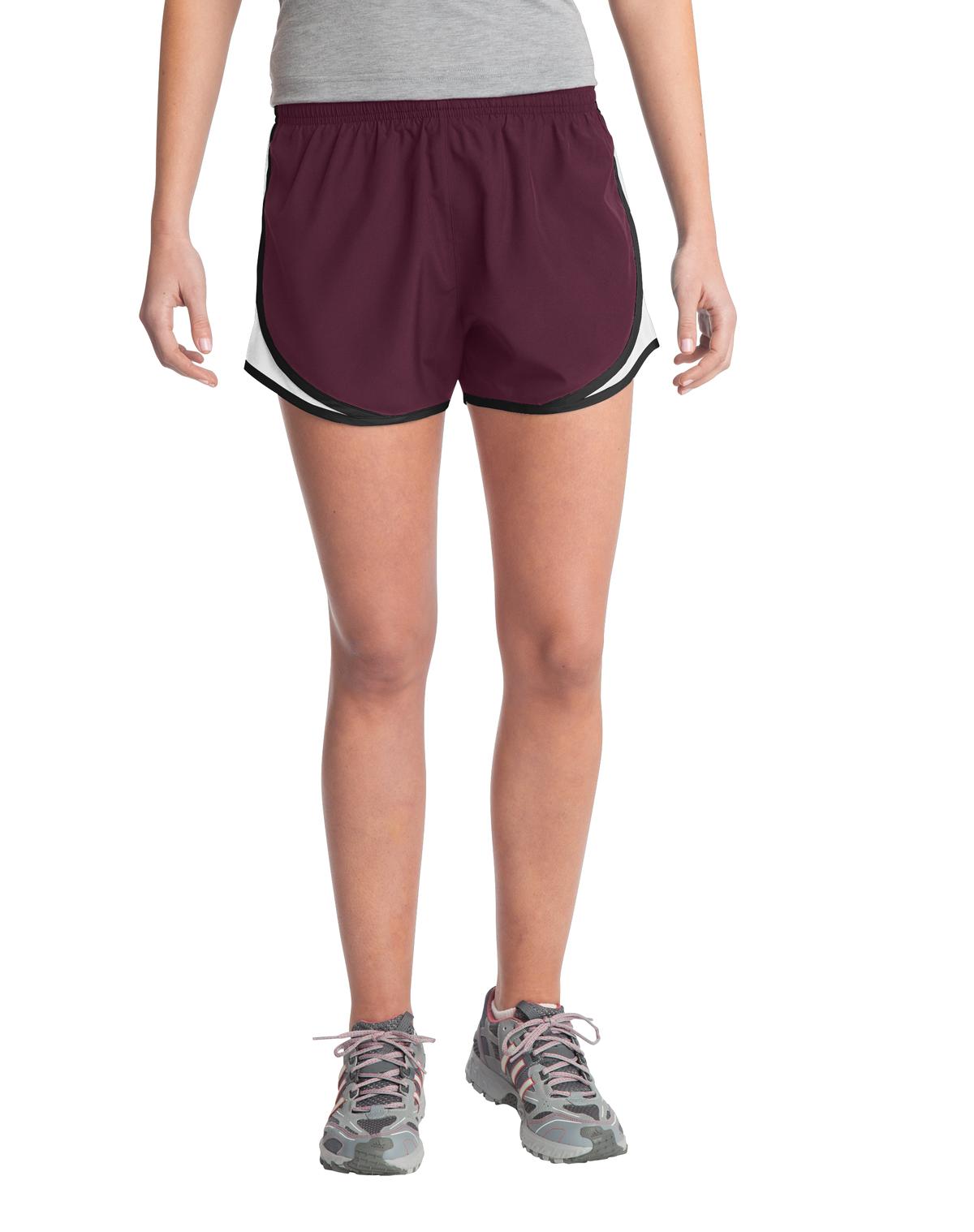 Front View of Maroon/Wht/Blk Sport-Tek Women's Cadence Short. LST304