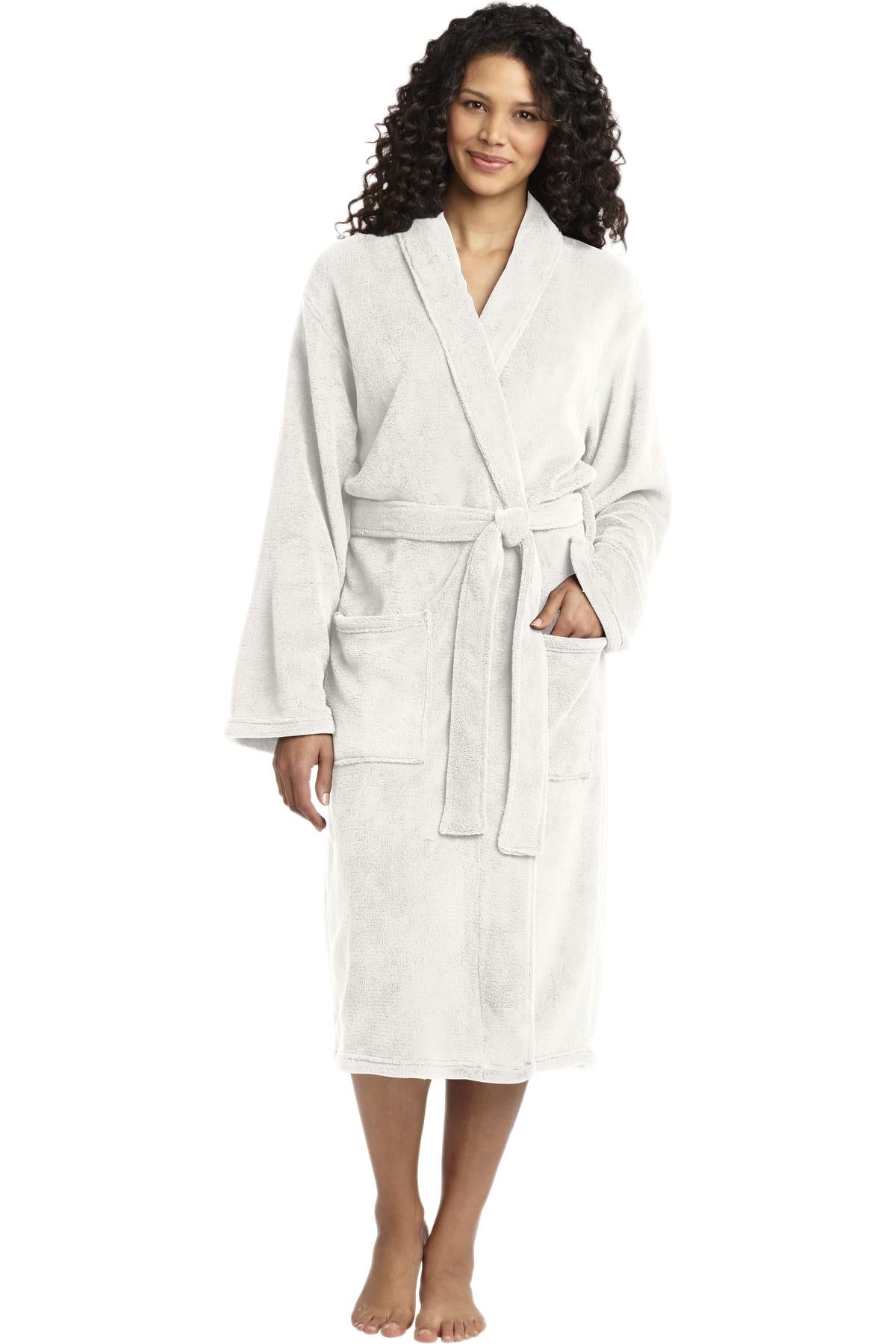 Front View of Marshmallow Port Authority Plush Microfleece Shawl Collar Robe. R102
