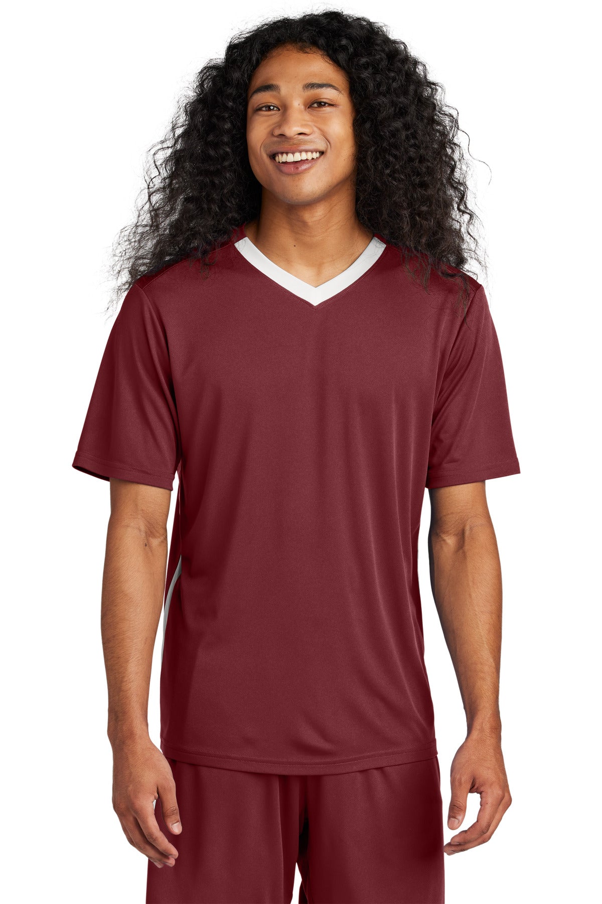 Front View of Mar/White Sport-Tek Competitor United V-Neck ST101