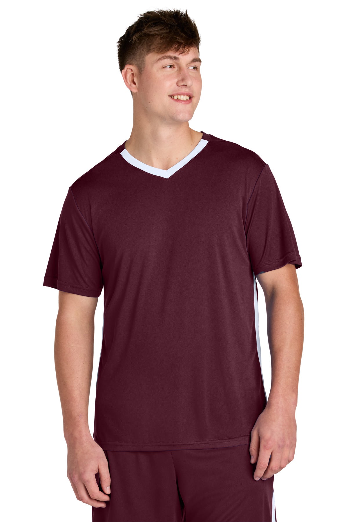 Front View of Mar/White Sport-Tek Competitor United V-Neck ST101