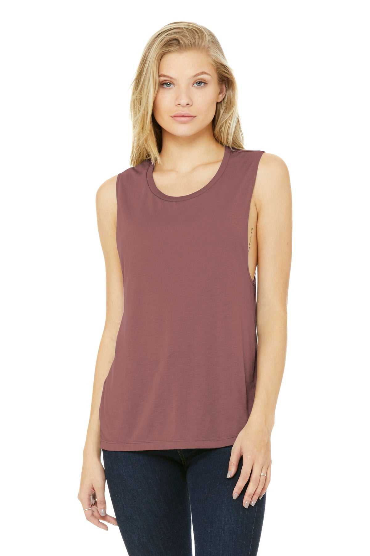 Front View of Mauve BELLA+CANVAS Women's Flowy Scoop Muscle Tank. BC8803