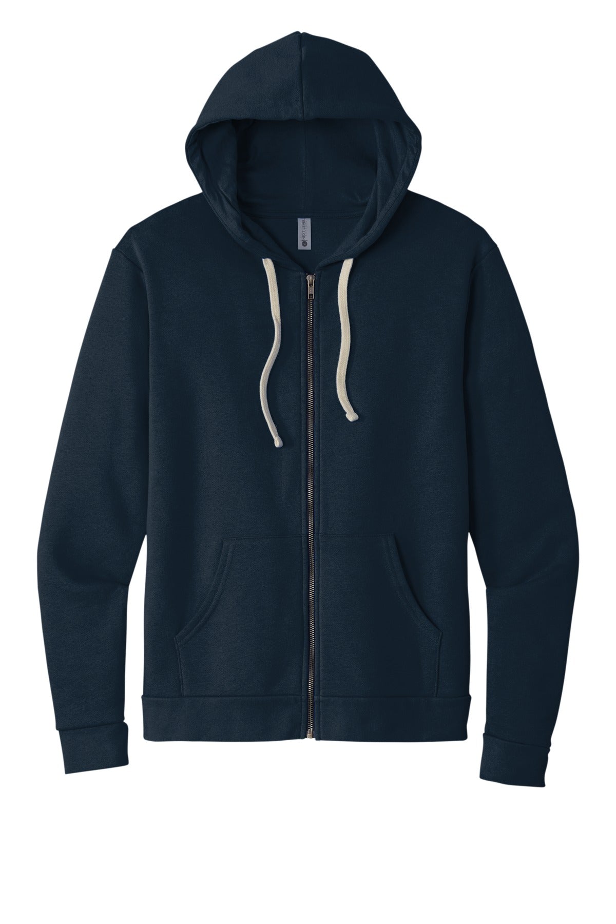 Front View of MdntNavy Next Level Apparel Adult Santa Barbara Zip Hoodie. NL9602