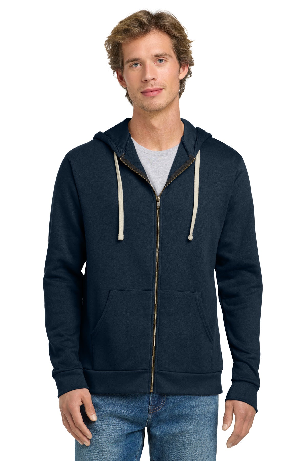 Front View of MdntNavy Next Level Apparel Adult Santa Barbara Zip Hoodie. NL9602