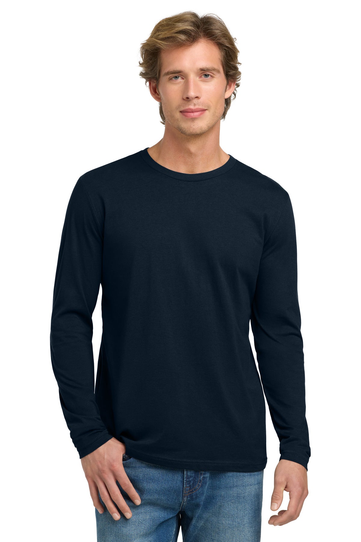 Front View of MdntNavy Next Level Apparel Cotton Long Sleeve Tee. NL3601