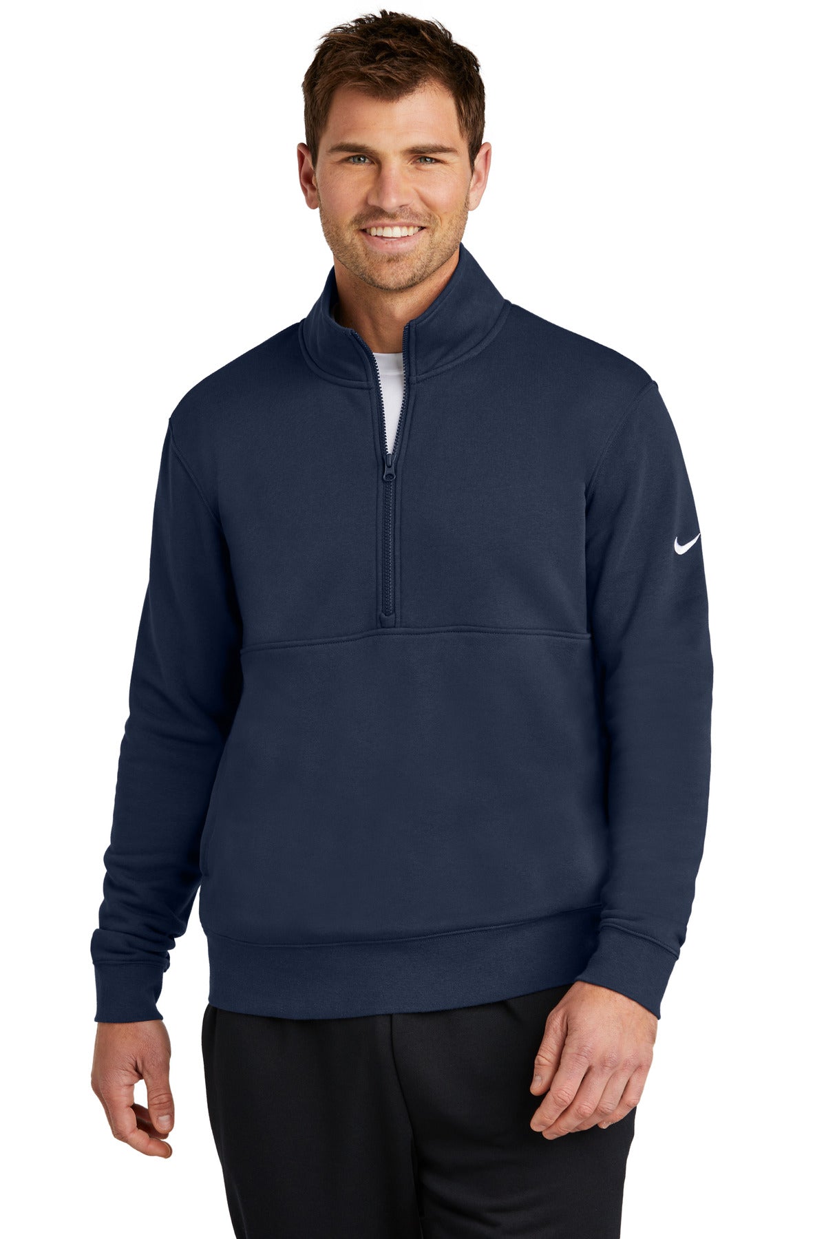 Front View of MdntNavy Nike Club Fleece Sleeve Swoosh 1/2-Zip NKDX6718