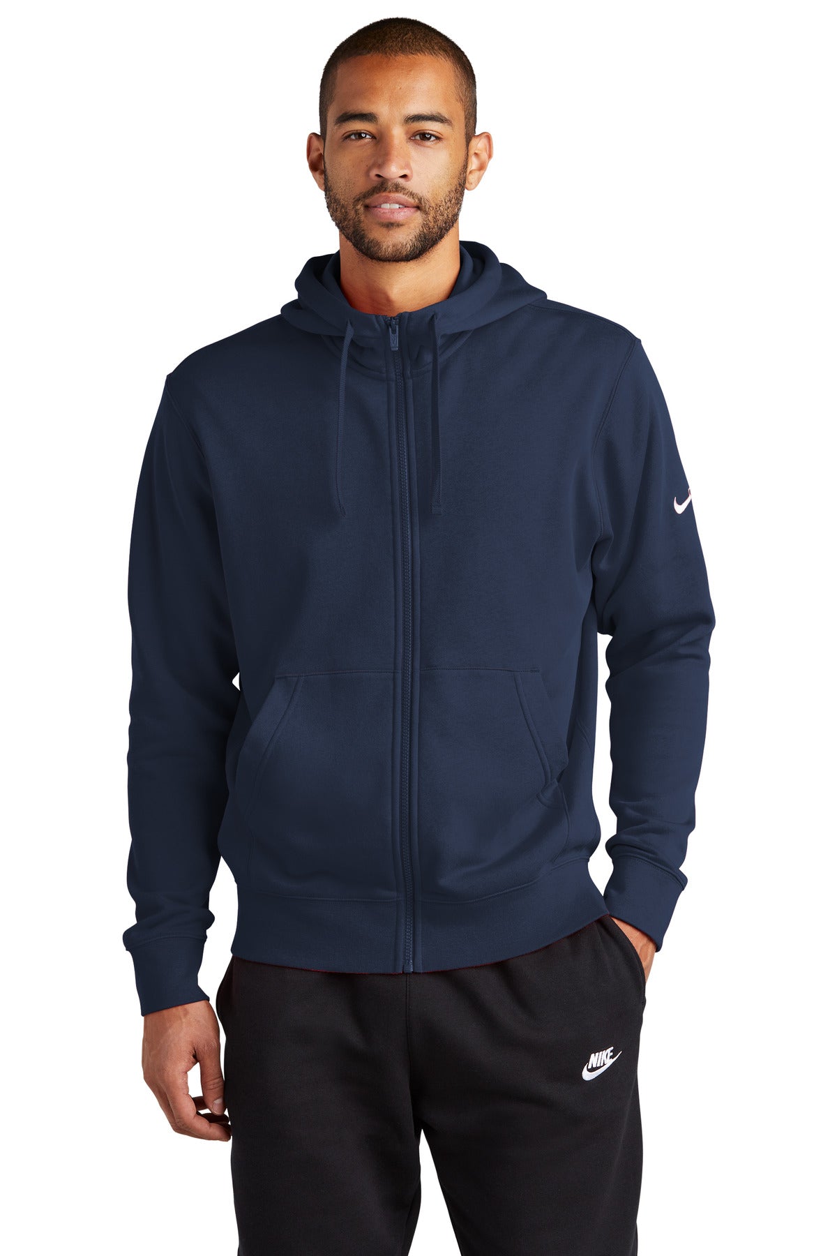 Front View of MdntNavy Nike Club Fleece Sleeve Swoosh Full-Zip Hoodie NKDR1513
