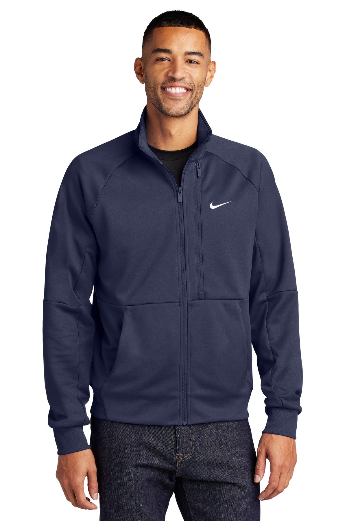 Front View of MdntNavy Nike Full-Zip Chest Swoosh Jacket NKFD9891