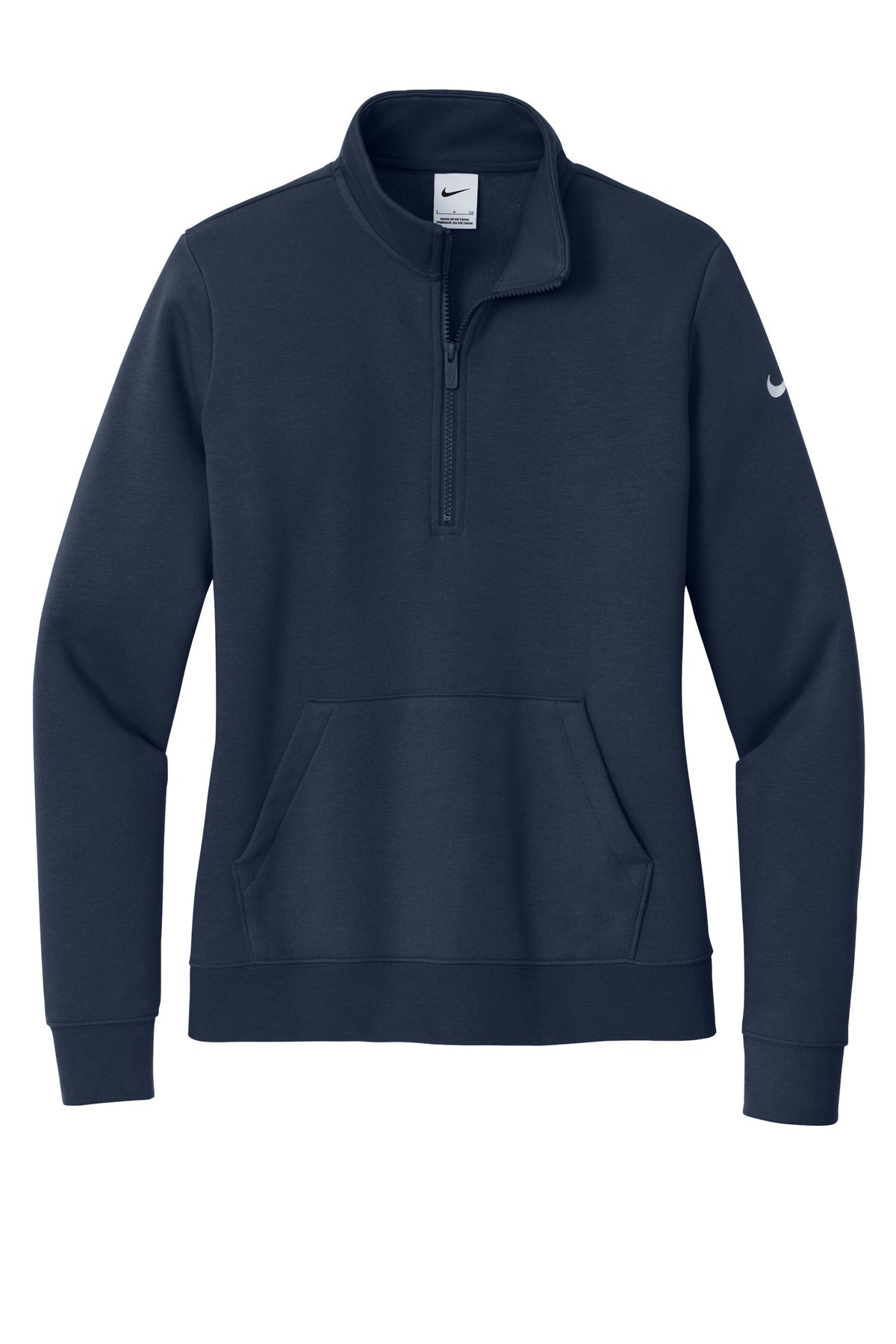 Front View of MdntNavy Nike Women's Club Fleece Sleeve Swoosh 1/2-Zip NKDX6720