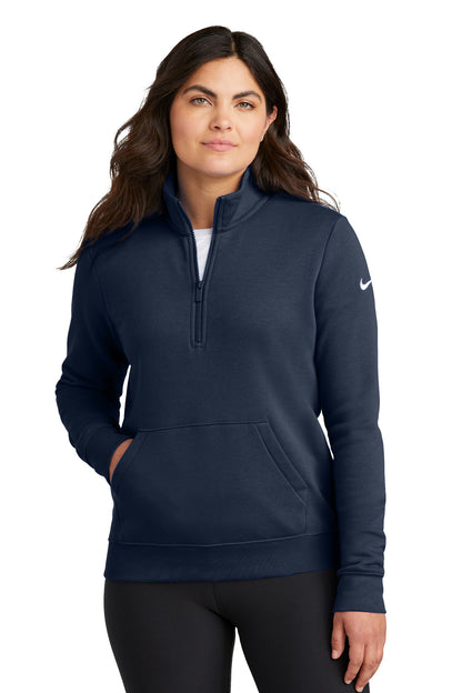 Front View of MdntNavy Nike Women's Club Fleece Sleeve Swoosh 1/2-Zip NKDX6720