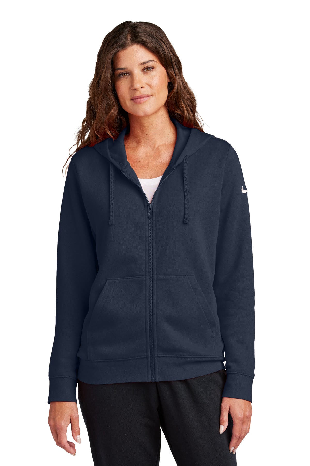 Front View of MdntNavy Nike Women's Club Fleece Sleeve Swoosh Full-Zip Hoodie NKFD9890