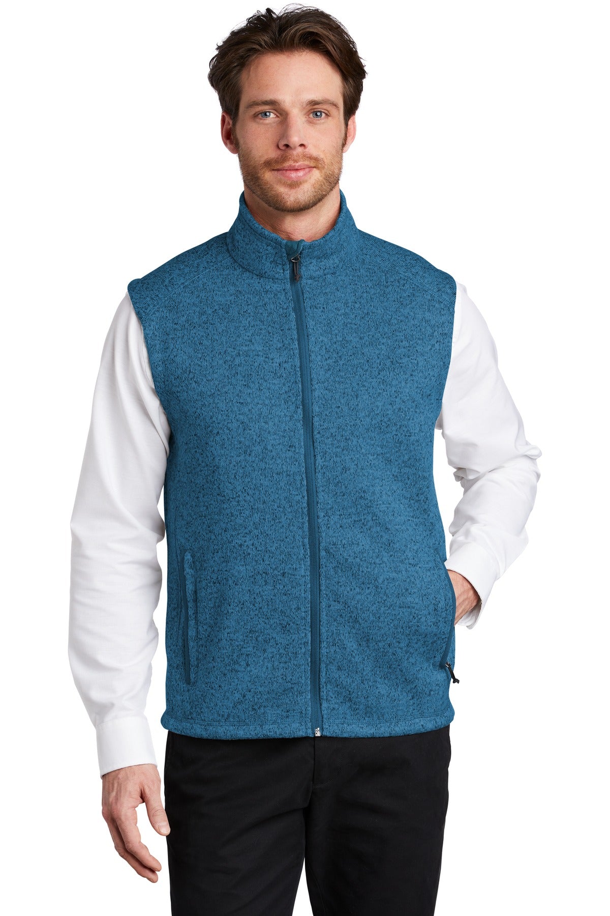 Front View of Med Blue Hthr Port Authority Sweater Fleece Vest F236