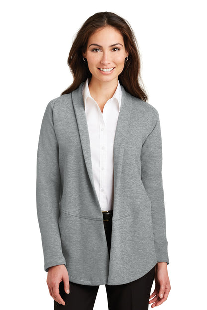 Front View of Med He Gy/Char Port Authority Women's Interlock Cardigan. L807