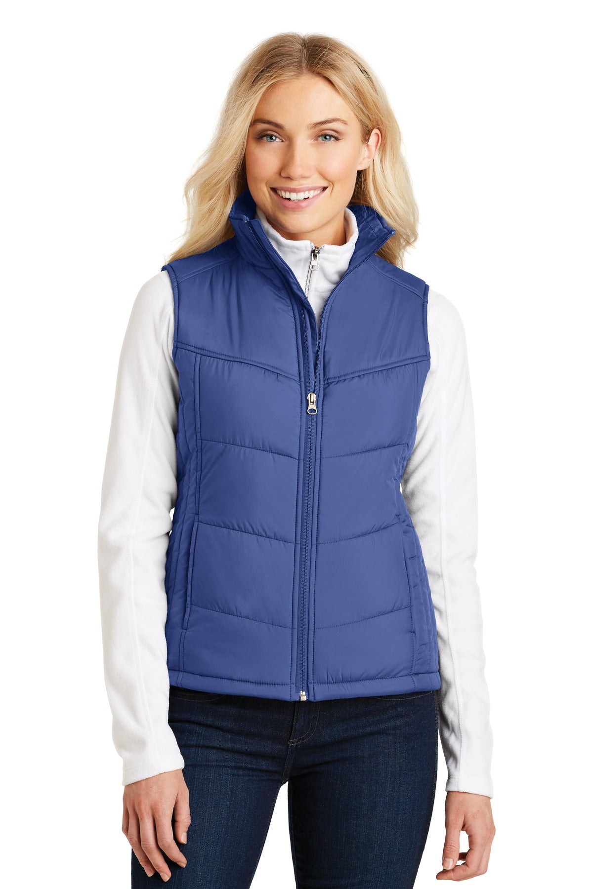 Front View of Medit Blue Port Authority Women's Puffy Vest. L709