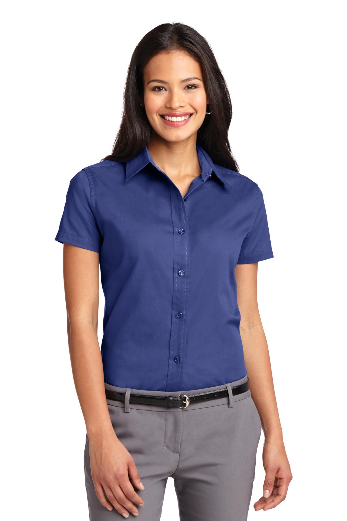 Front View of Mediter. Blue Port Authority Women's Short Sleeve Easy Care Shirt. L508