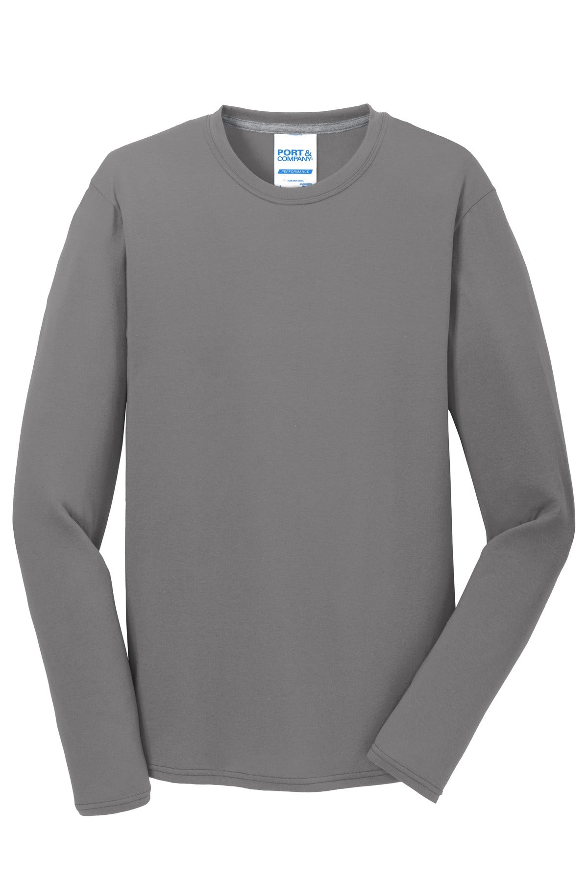 Front View of Medium Grey Port & Company Long Sleeve Performance Blend Tee. PC381LS