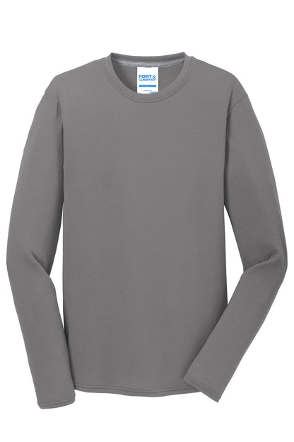 Front View of Medium Grey Port & Company Long Sleeve Performance Blend Tee. PC381LS