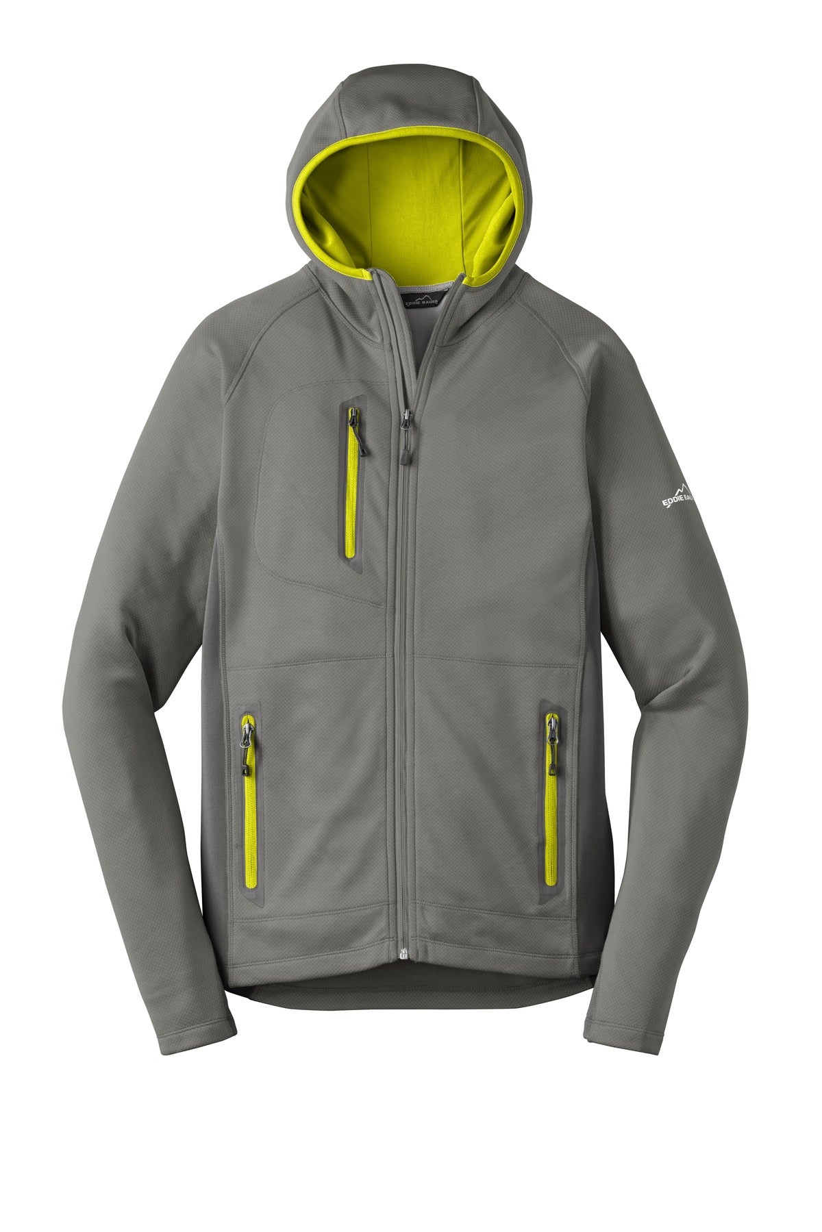 Front View of Met Gy/GS/Citr Eddie Bauer Sport Hooded Full-Zip Fleece Jacket. EB244