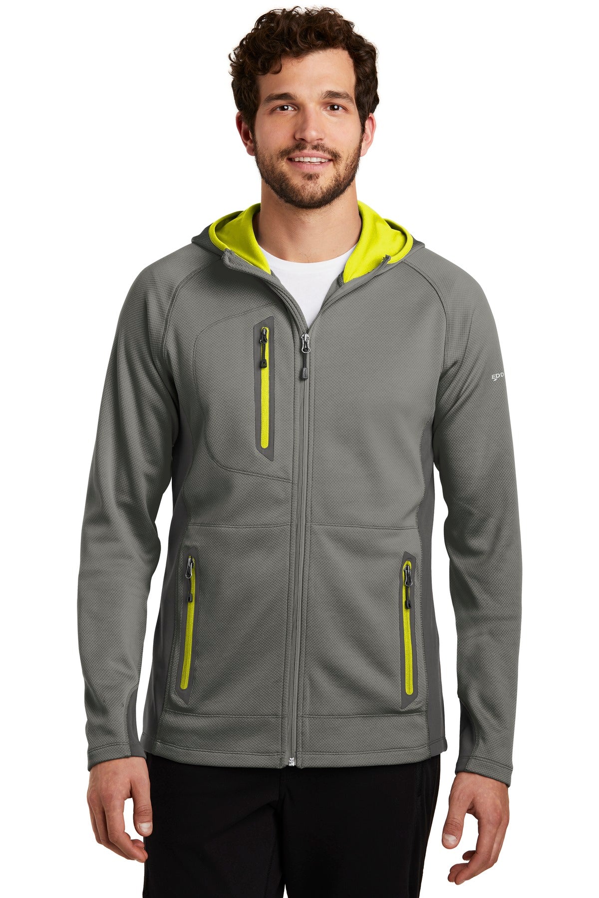 Front View of Met Gy/GS/Citr Eddie Bauer Sport Hooded Full-Zip Fleece Jacket. EB244