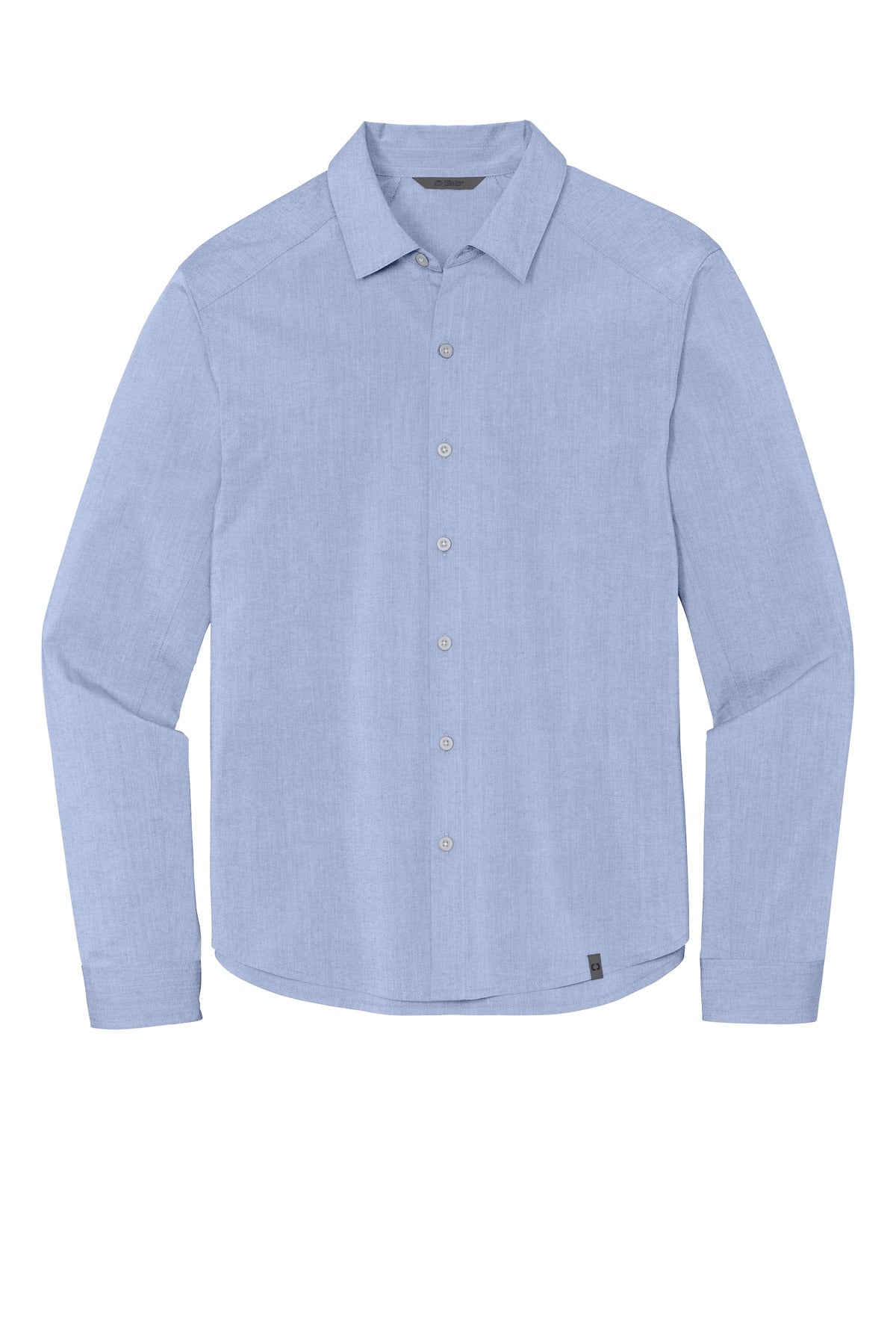 Front View of Metal Blue Hth OGIO Commuter Woven Shirt. OG1002