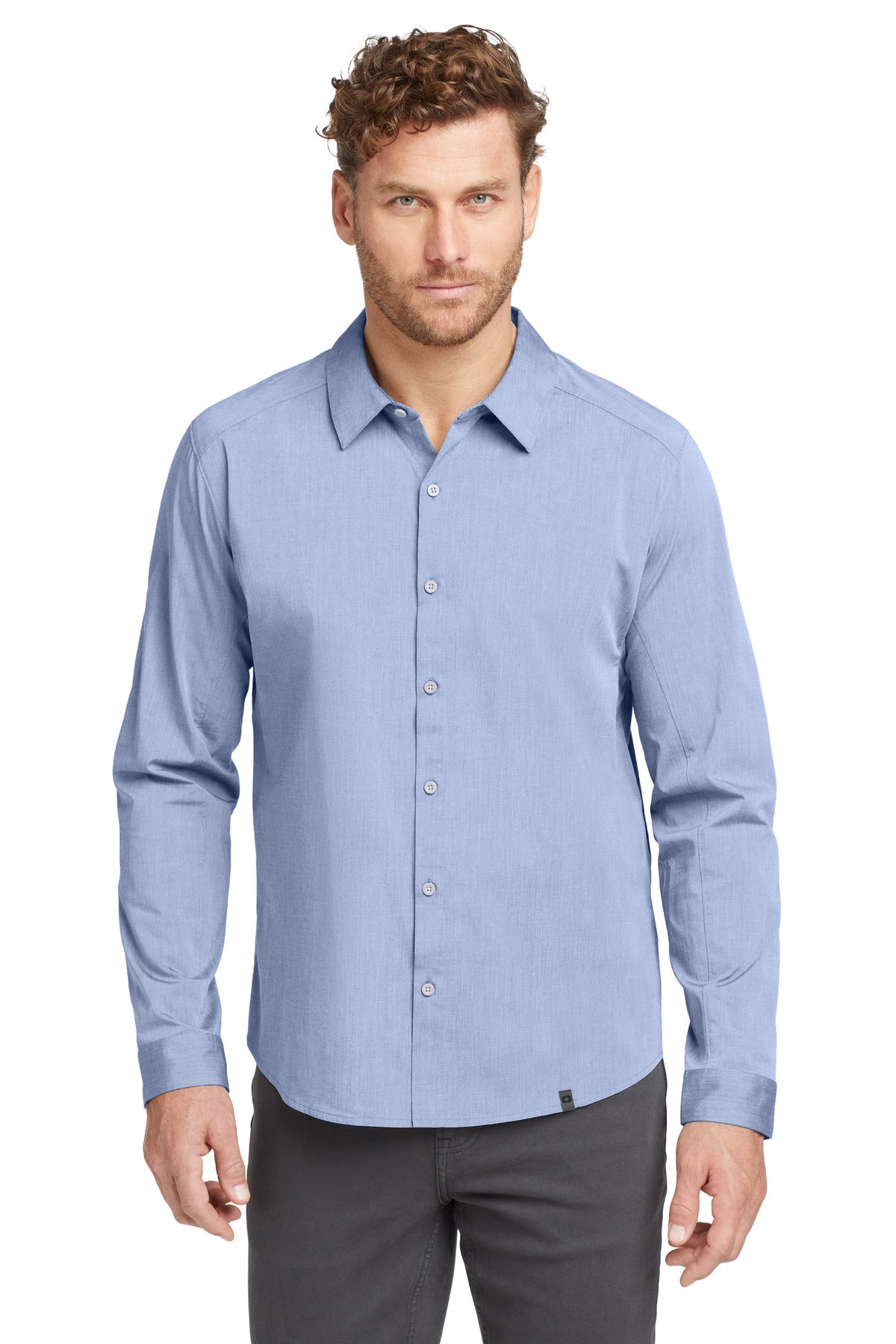 Front View of Metal Blue Hth OGIO Commuter Woven Shirt. OG1002