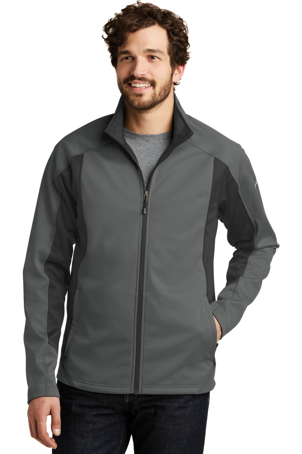 Front View of Metal Gy/Gy St Eddie Bauer Trail Soft Shell Jacket. EB542