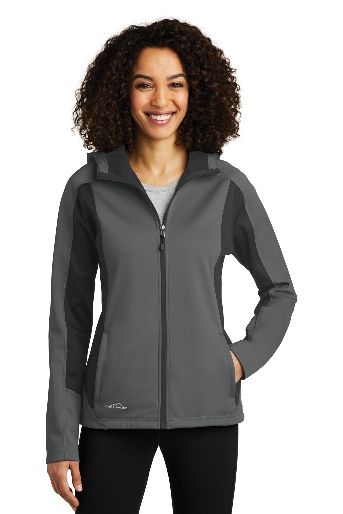 Front View of Metal Gy/Gy St Eddie Bauer Women's Trail Soft Shell Jacket. EB543