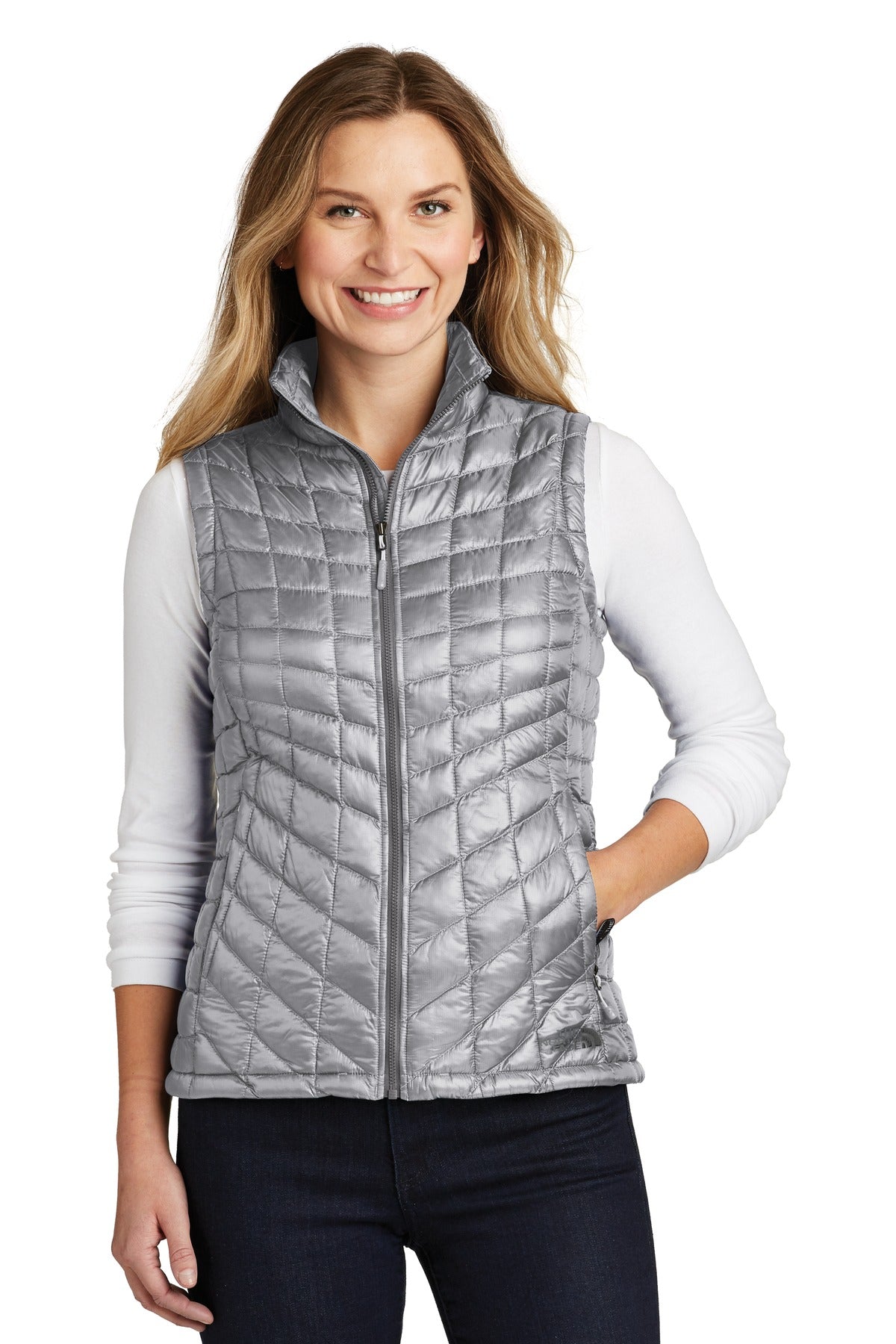 Front View of Mid Grey The North Face Women's ThermoBall Trekker Vest. NF0A3LHL